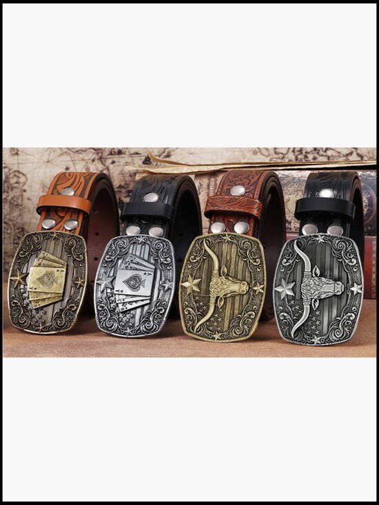 Western Cowboy Leather Belt Bull Buckle Classic Rodeo Style Wide Fit